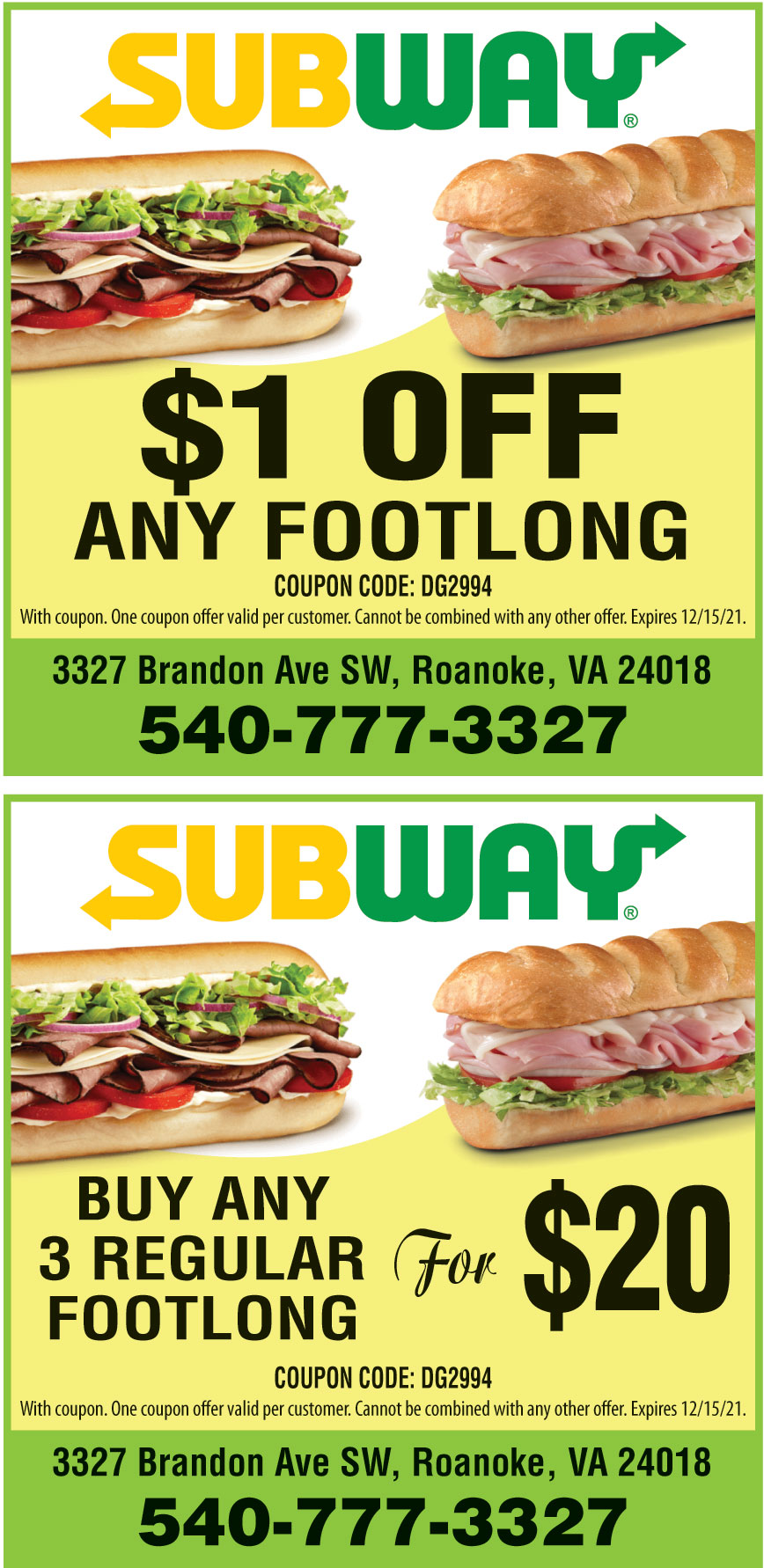 SUBWAY 3 FOOTLONGS FOR 15.95 Online Printable Coupons USA Local
