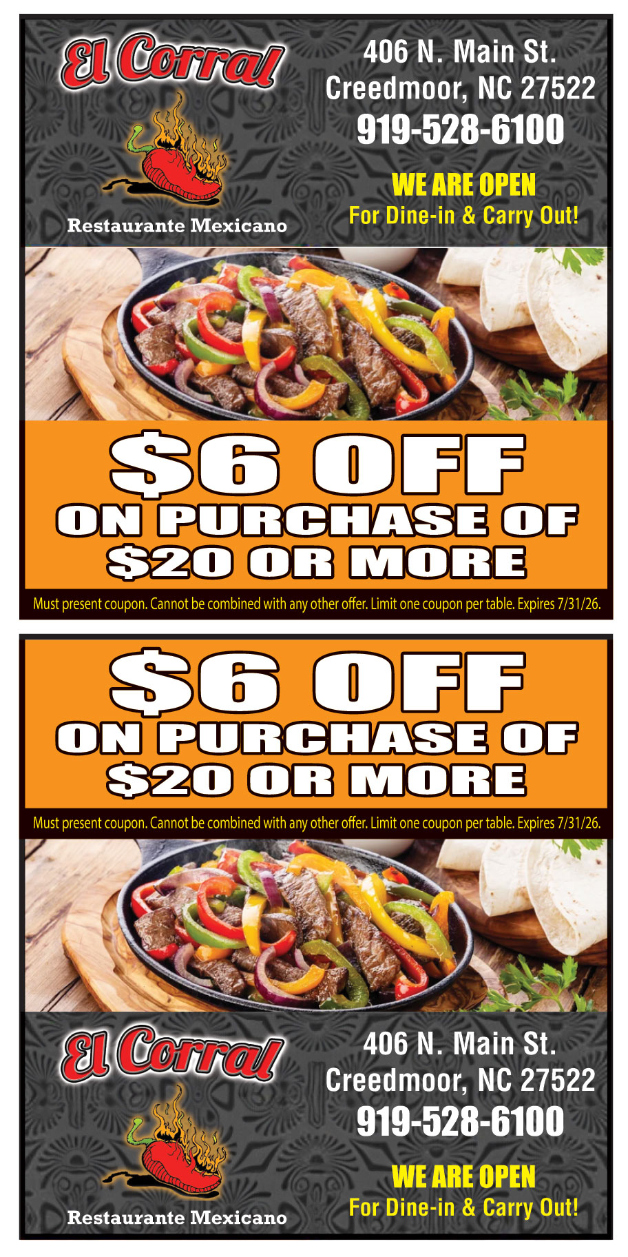 $6 OFF ON PURCHASE OF $20 OR MORE