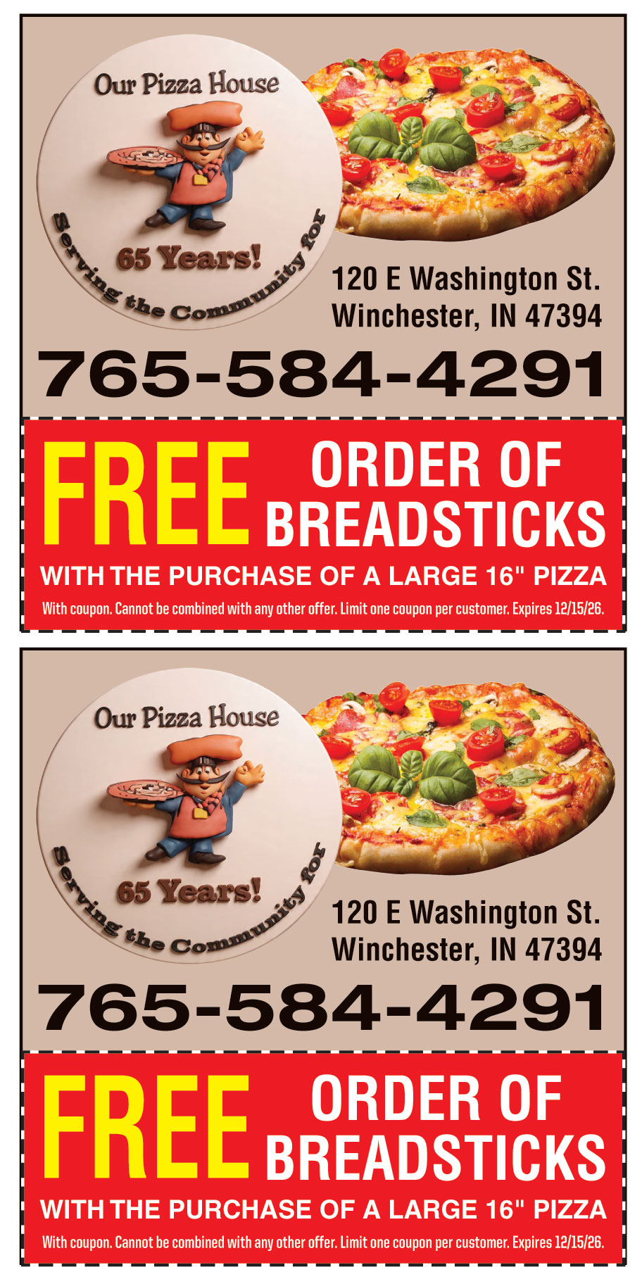 FREE ORDER OF BREADSTICKS WITH THE PURCHASE OF A LARGE 16